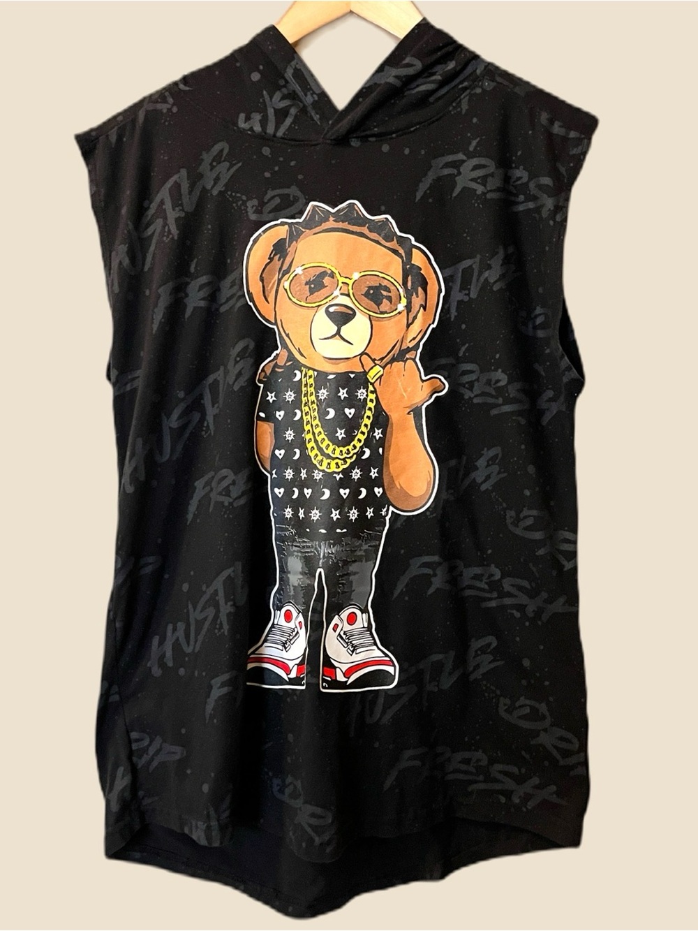 Black Sleeveless Hoodie with Bear Graphic